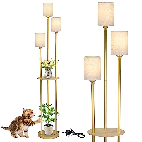 Stepeak Floor Lamp with Shelves, Modern Floor Lamps for Living Room, 3-Lights Standing Lamp with Linen Shade and Foot Switch, Industrial Standing Lamps for Bedroom, Black Tall Table Lamp for Office
