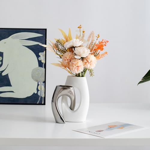 White Modern Art Unique Cross Ceramic Vases Set of 2, Perfect for Room Home Office Hotel Restaurant Farmhouse Decor Decoration, Safe Delivery (White)