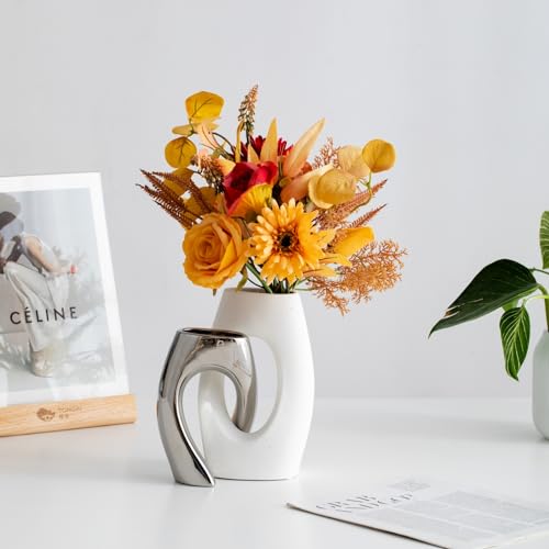 White Modern Art Unique Cross Ceramic Vases Set of 2, Perfect for Room Home Office Hotel Restaurant Farmhouse Decor Decoration, Safe Delivery (White)