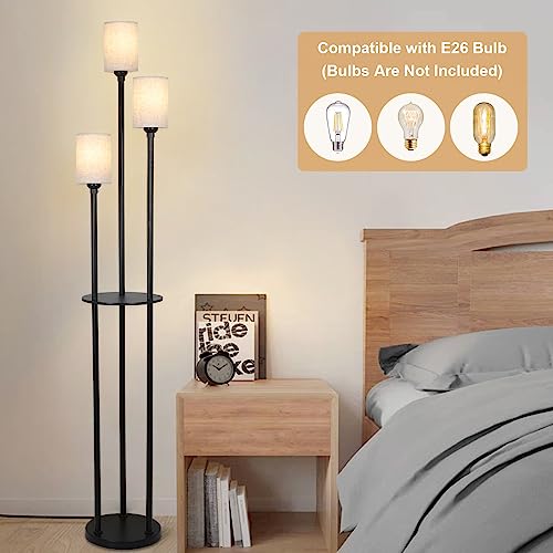 Stepeak Floor Lamp with Shelves, Modern Floor Lamps for Living Room, 3-Lights Standing Lamp with Linen Shade and Foot Switch, Industrial Standing Lamps for Bedroom, Black Tall Table Lamp for Office
