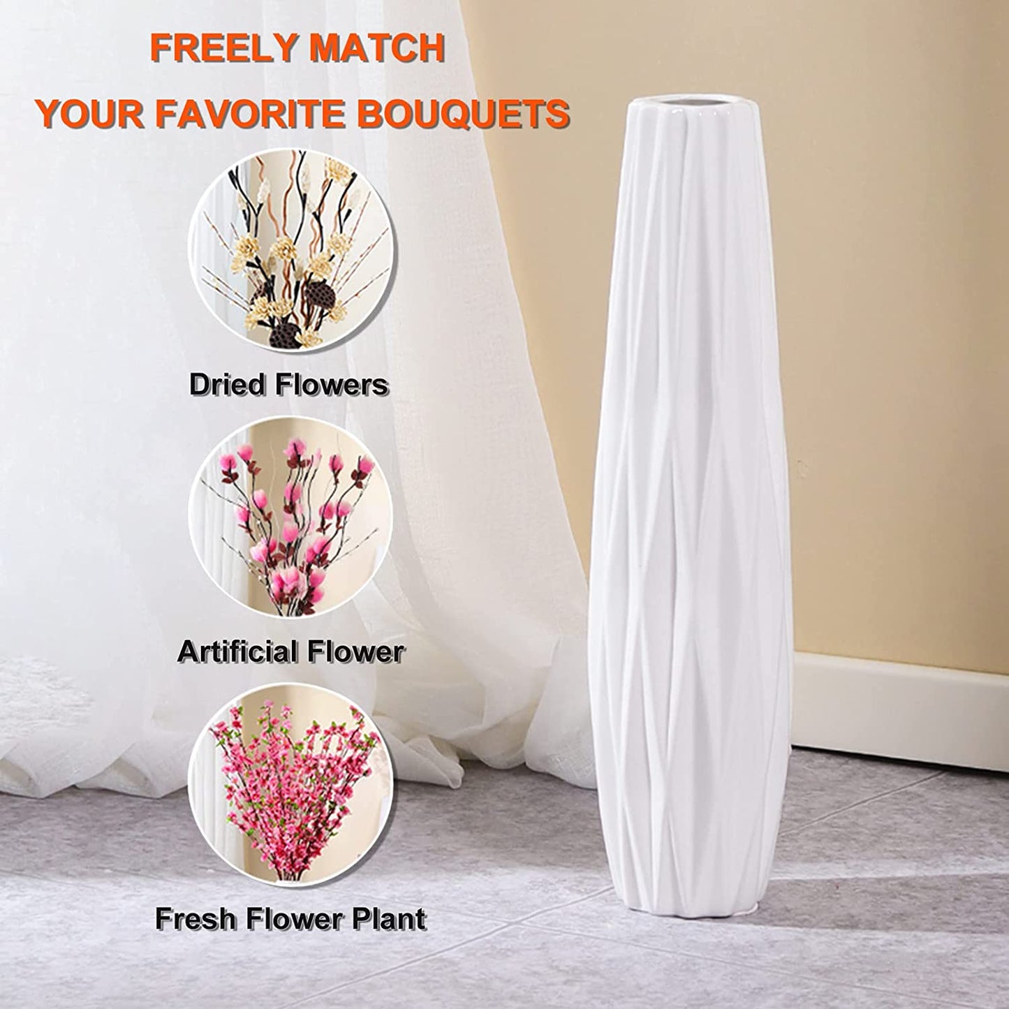 White Ceramic Vase 17.7" Tall Table Floor Vase Decorative Flower Vase for Table Centerpieces Shelf Home Decor Dried Flower Arrangement for Wedding House Warming Office Porch