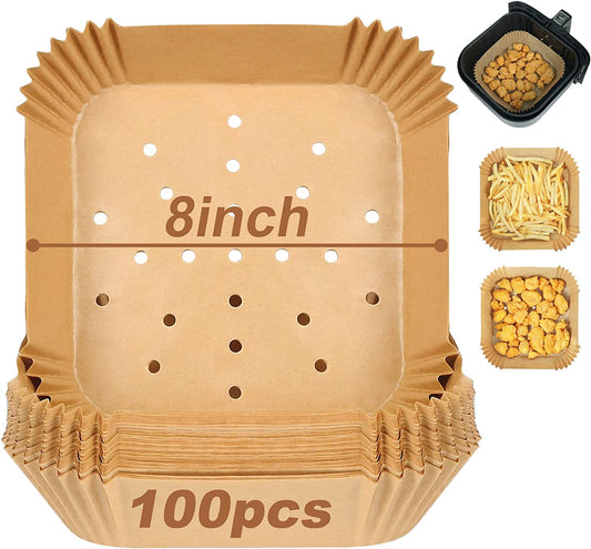 Square Air Fryer Liners, Set of 100, 8 Inch Perforated Square Air Fryer Parchment Paper, Air Fryer Filters for Basket, Compatible with Corsori, Instant Vortex, Nuwave and More