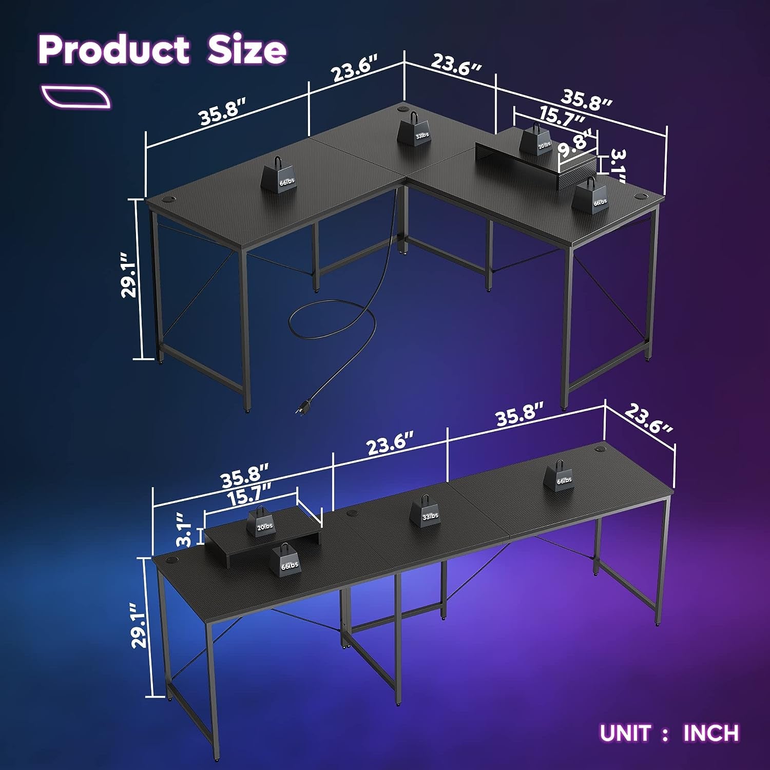 Bestier L Shaped Computer Desk Long Gaming Desk Reversible Corner Desk for Home Office with Power Outlet Monitor Stand 2 Cable Holes USB Socket 95.2 Inch Gaming L Desk, Carbon Fiber Black