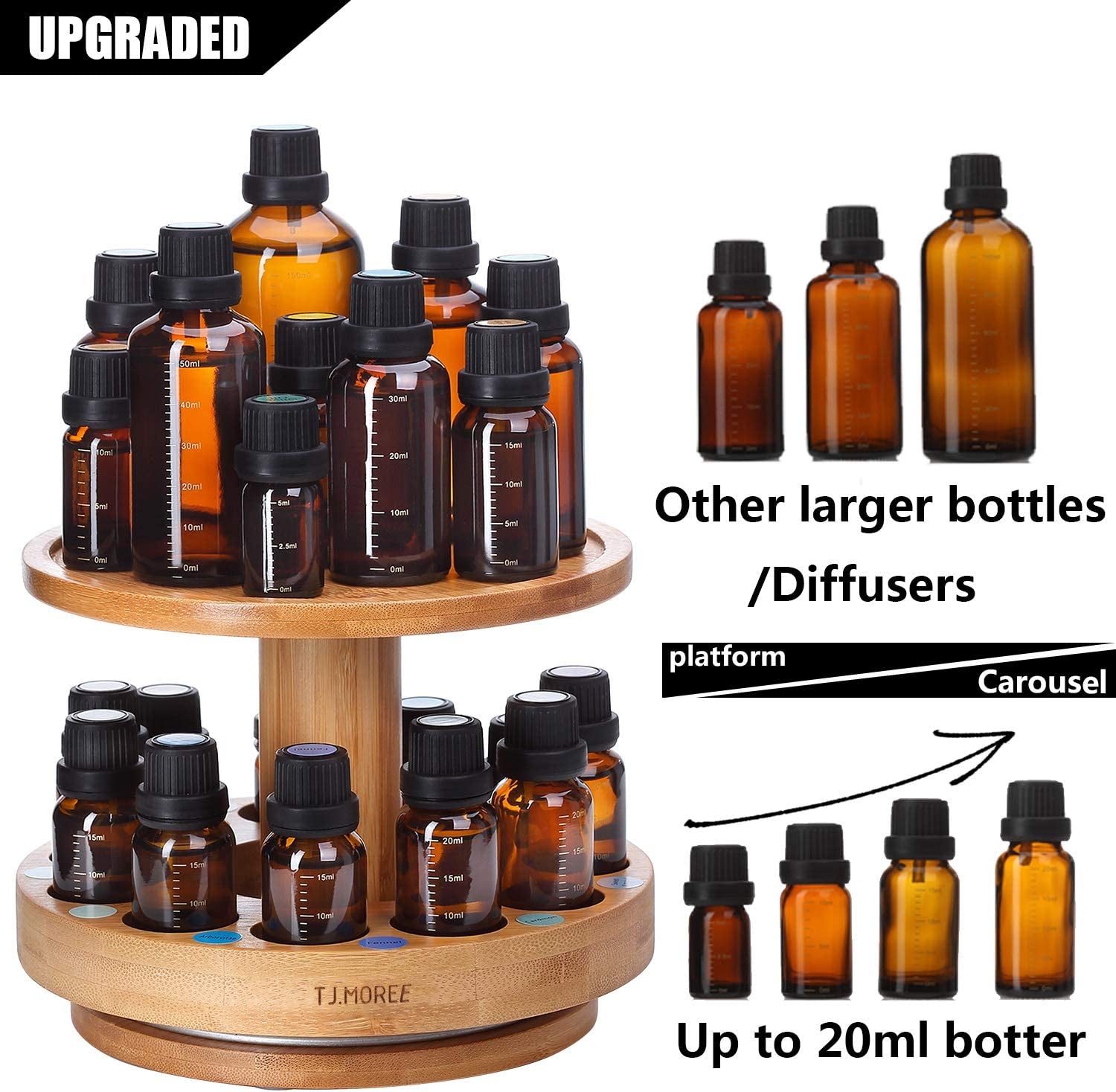 Bamboo Diffuser Holder Carousel- 2 Tier Height Increase Rack with Upper Tray for Holding Diffuser, for 5Ml, 10Ml, 15Ml, 20Ml Essential Oils Bottles