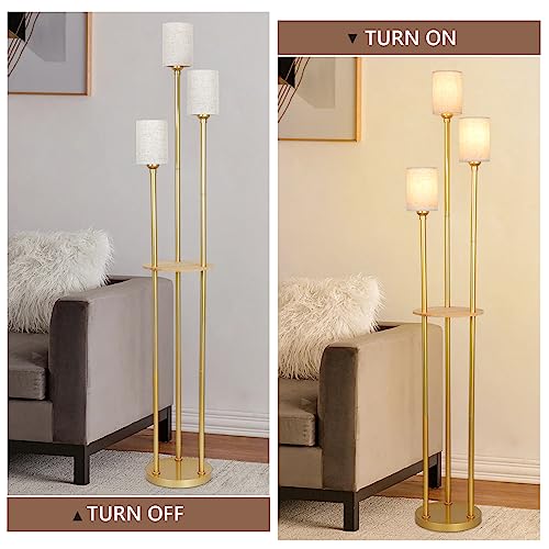 Stepeak Floor Lamp with Shelves, Modern Floor Lamps for Living Room, 3-Lights Standing Lamp with Linen Shade and Foot Switch, Industrial Standing Lamps for Bedroom, Black Tall Table Lamp for Office