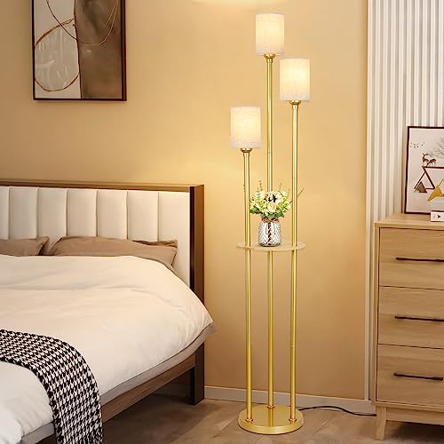 Stepeak Floor Lamp with Shelves, Modern Floor Lamps for Living Room, 3-Lights Standing Lamp with Linen Shade and Foot Switch, Industrial Standing Lamps for Bedroom, Black Tall Table Lamp for Office