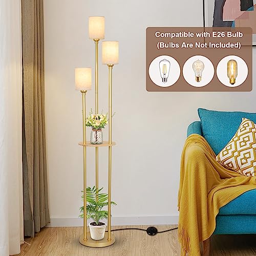 Stepeak Floor Lamp with Shelves, Modern Floor Lamps for Living Room, 3-Lights Standing Lamp with Linen Shade and Foot Switch, Industrial Standing Lamps for Bedroom, Black Tall Table Lamp for Office