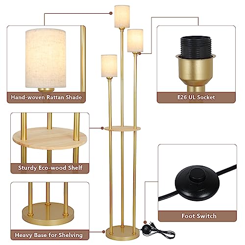 Stepeak Floor Lamp with Shelves, Modern Floor Lamps for Living Room, 3-Lights Standing Lamp with Linen Shade and Foot Switch, Industrial Standing Lamps for Bedroom, Black Tall Table Lamp for Office