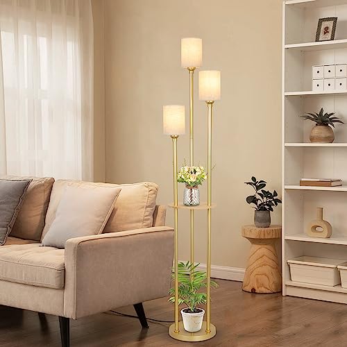 Stepeak Floor Lamp with Shelves, Modern Floor Lamps for Living Room, 3-Lights Standing Lamp with Linen Shade and Foot Switch, Industrial Standing Lamps for Bedroom, Black Tall Table Lamp for Office