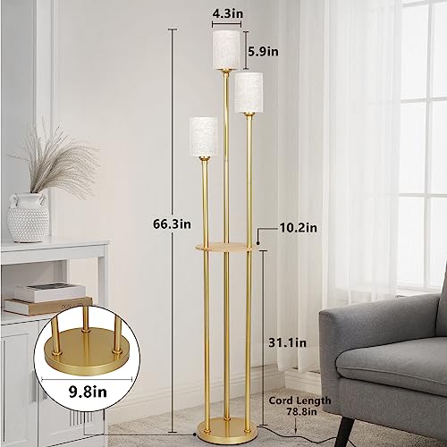 Stepeak Floor Lamp with Shelves, Modern Floor Lamps for Living Room, 3-Lights Standing Lamp with Linen Shade and Foot Switch, Industrial Standing Lamps for Bedroom, Black Tall Table Lamp for Office