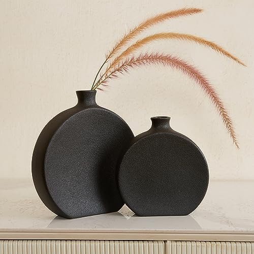 Black Ceramic Vase Set of 2, Boho Vase for Decor, Matte Frosted Texture Finish,Modern Rustic Farmhouse Home Decor,Vase for Pampas Grass&Dried Flowers,idea Shelf,Table,Mantel,Entryway (Black)