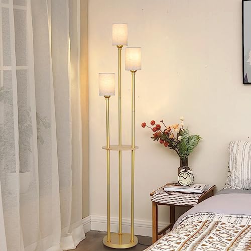 Stepeak Floor Lamp with Shelves, Modern Floor Lamps for Living Room, 3-Lights Standing Lamp with Linen Shade and Foot Switch, Industrial Standing Lamps for Bedroom, Black Tall Table Lamp for Office