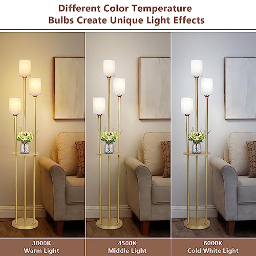 Stepeak Floor Lamp with Shelves, Modern Floor Lamps for Living Room, 3-Lights Standing Lamp with Linen Shade and Foot Switch, Industrial Standing Lamps for Bedroom, Black Tall Table Lamp for Office