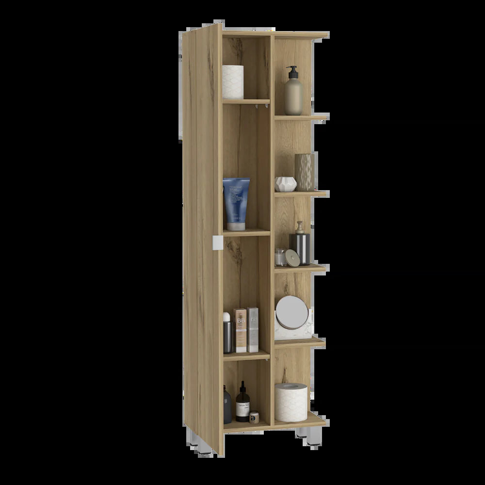 Corner Cabinet Womppi, Five Open Shelves, Single Door, Light Oak Finish