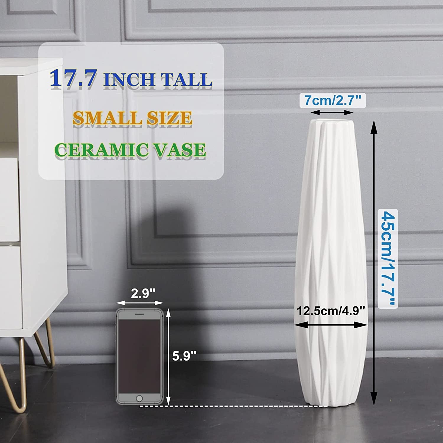 White Ceramic Vase 17.7" Tall Table Floor Vase Decorative Flower Vase for Table Centerpieces Shelf Home Decor Dried Flower Arrangement for Wedding House Warming Office Porch