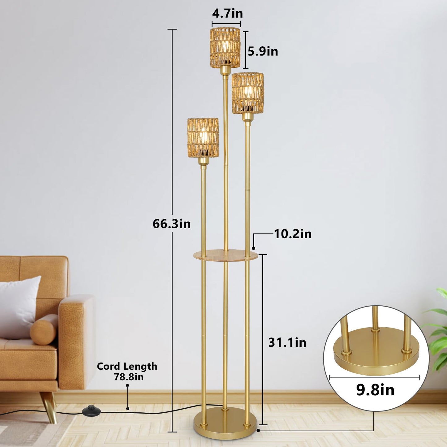 Stepeak Floor Lamp with Shelves, Modern Floor Lamps for Living Room, 3-Lights Standing Lamp with Linen Shade and Foot Switch, Industrial Standing Lamps for Bedroom, Black Tall Table Lamp for Office