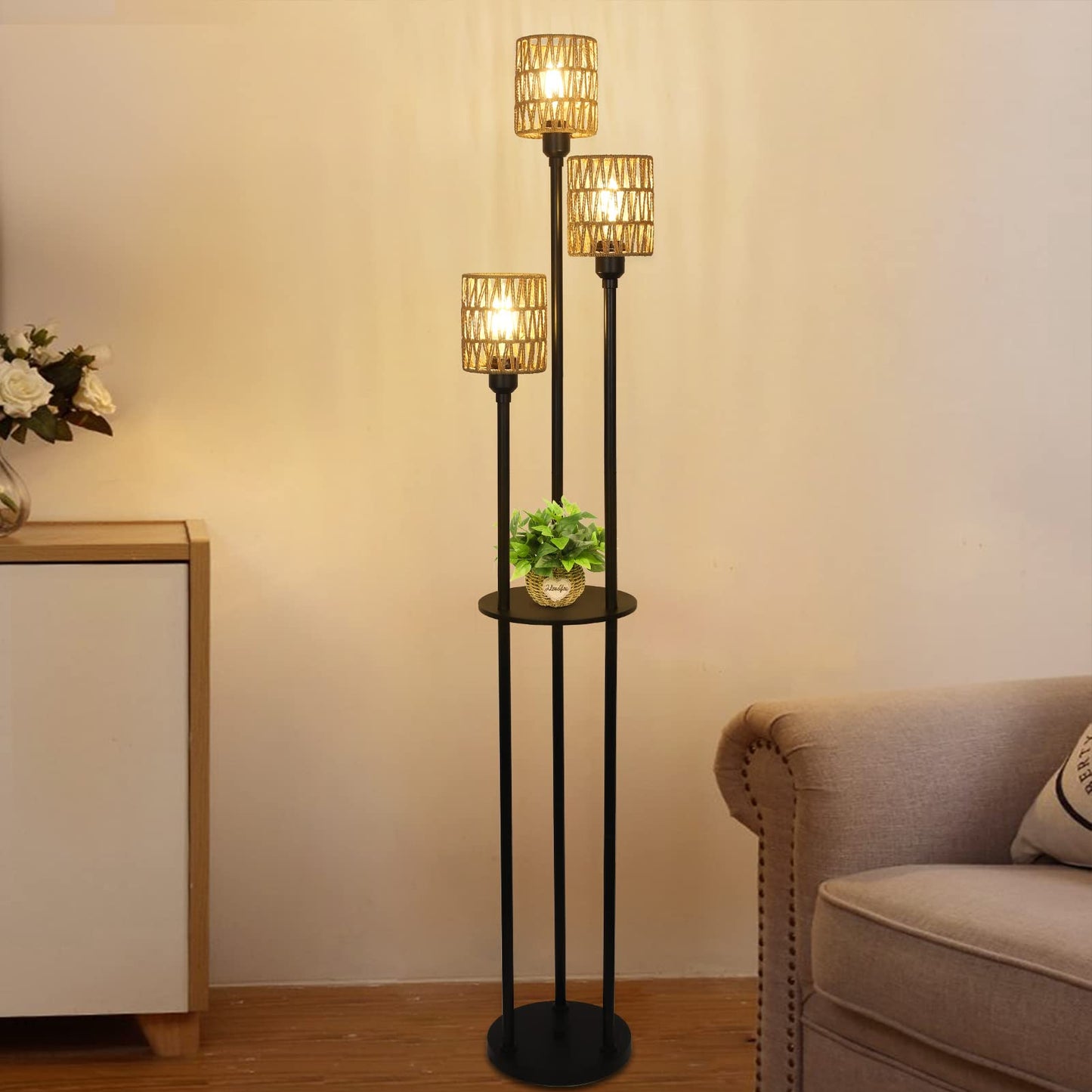 Stepeak Floor Lamp with Shelves, Modern Floor Lamps for Living Room, 3-Lights Standing Lamp with Linen Shade and Foot Switch, Industrial Standing Lamps for Bedroom, Black Tall Table Lamp for Office