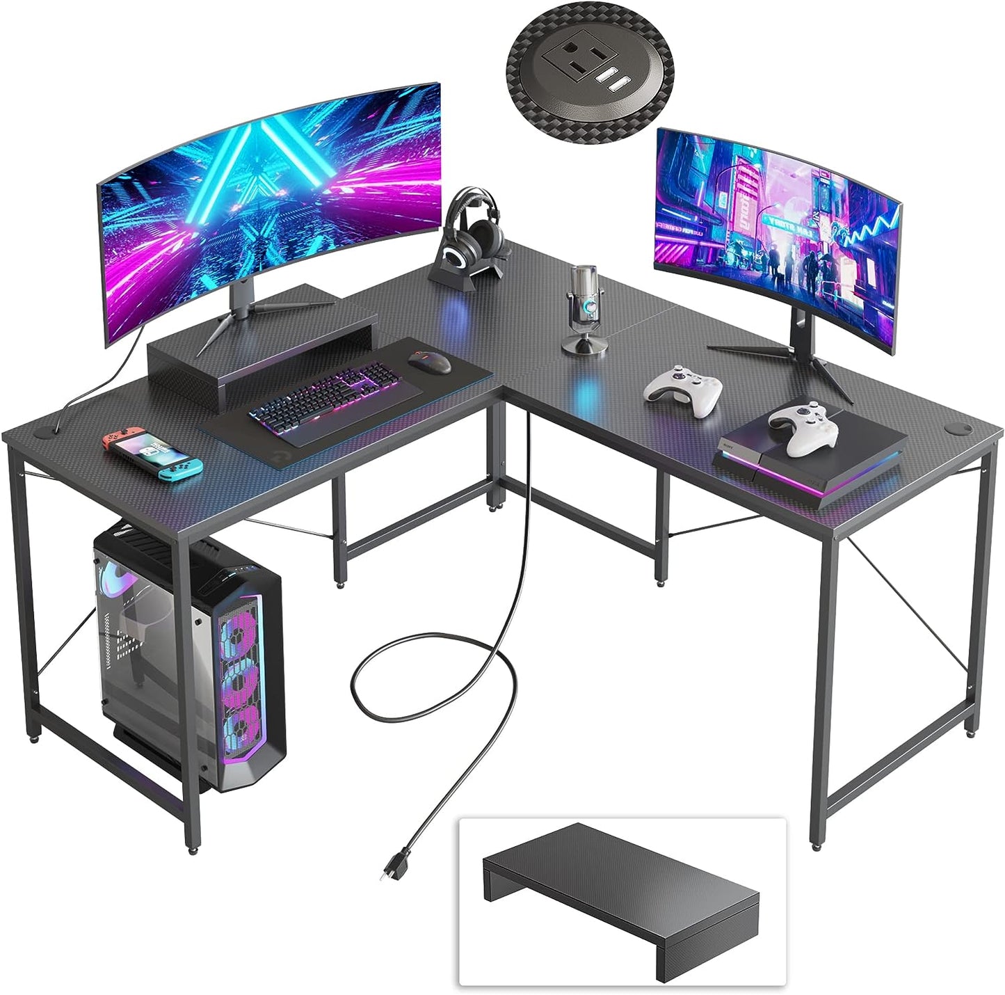 Bestier L Shaped Computer Desk Long Gaming Desk Reversible Corner Desk for Home Office with Power Outlet Monitor Stand 2 Cable Holes USB Socket 95.2 Inch Gaming L Desk, Carbon Fiber Black