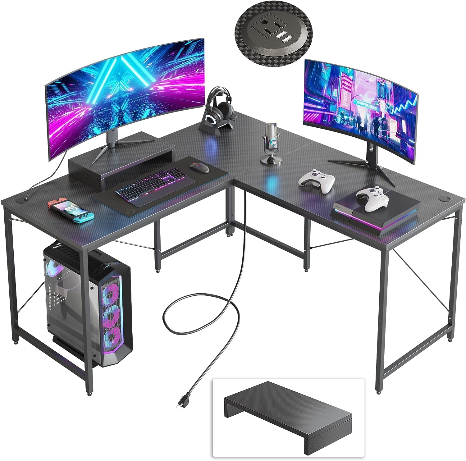 Bestier L Shaped Computer Desk Long Gaming Desk Reversible Corner Desk for Home Office with Power Outlet Monitor Stand 2 Cable Holes USB Socket 95.2 Inch Gaming L Desk, Carbon Fiber Black