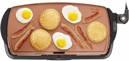 BELLA Electric Ceramic Titanium Griddle, Make 10 Eggs at Once, Healthy-Eco Non-Stick Coating, Hassle-Free Clean Up, Large Submersible Cooking Surface, 10.5" X 20", Copper/Black