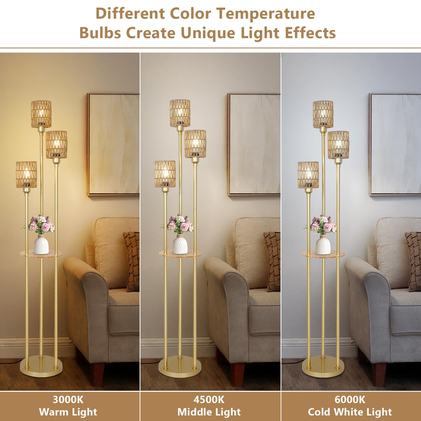 Stepeak Floor Lamp with Shelves, Modern Floor Lamps for Living Room, 3-Lights Standing Lamp with Linen Shade and Foot Switch, Industrial Standing Lamps for Bedroom, Black Tall Table Lamp for Office