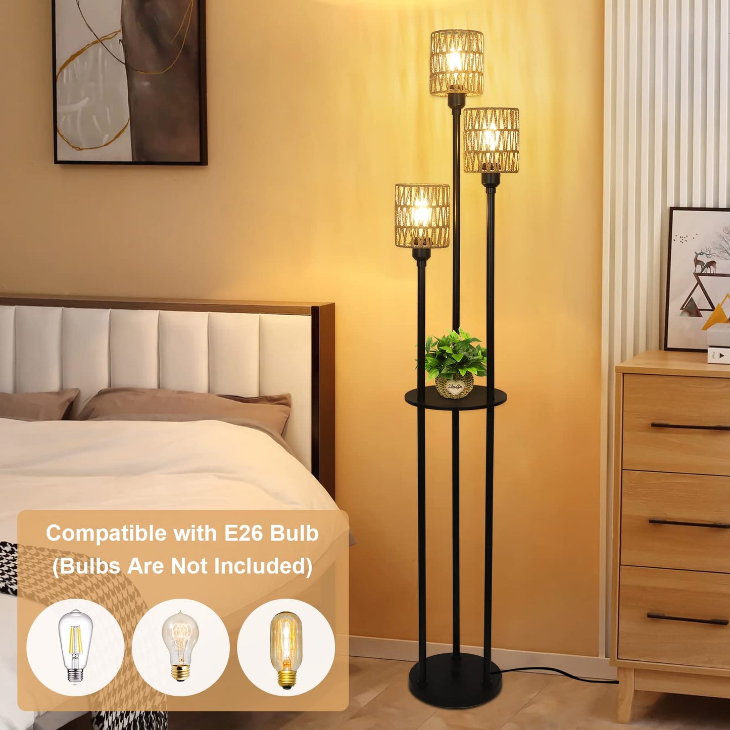 Stepeak Floor Lamp with Shelves, Modern Floor Lamps for Living Room, 3-Lights Standing Lamp with Linen Shade and Foot Switch, Industrial Standing Lamps for Bedroom, Black Tall Table Lamp for Office
