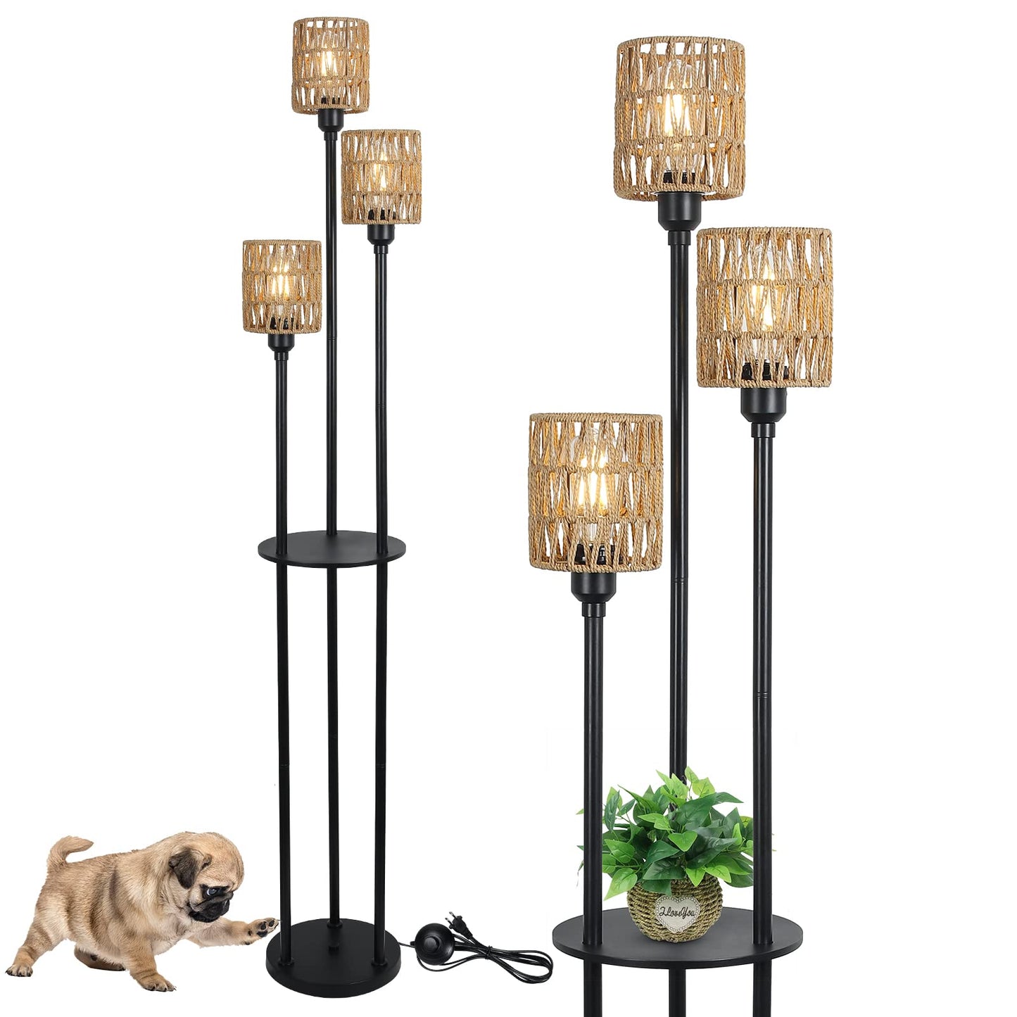 Stepeak Floor Lamp with Shelves, Modern Floor Lamps for Living Room, 3-Lights Standing Lamp with Linen Shade and Foot Switch, Industrial Standing Lamps for Bedroom, Black Tall Table Lamp for Office