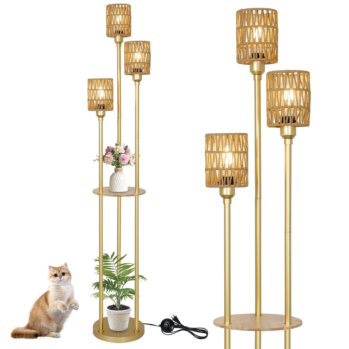 Stepeak Floor Lamp with Shelves, Modern Floor Lamps for Living Room, 3-Lights Standing Lamp with Linen Shade and Foot Switch, Industrial Standing Lamps for Bedroom, Black Tall Table Lamp for Office