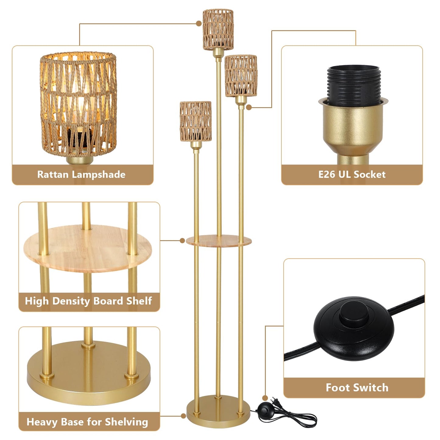 Stepeak Floor Lamp with Shelves, Modern Floor Lamps for Living Room, 3-Lights Standing Lamp with Linen Shade and Foot Switch, Industrial Standing Lamps for Bedroom, Black Tall Table Lamp for Office