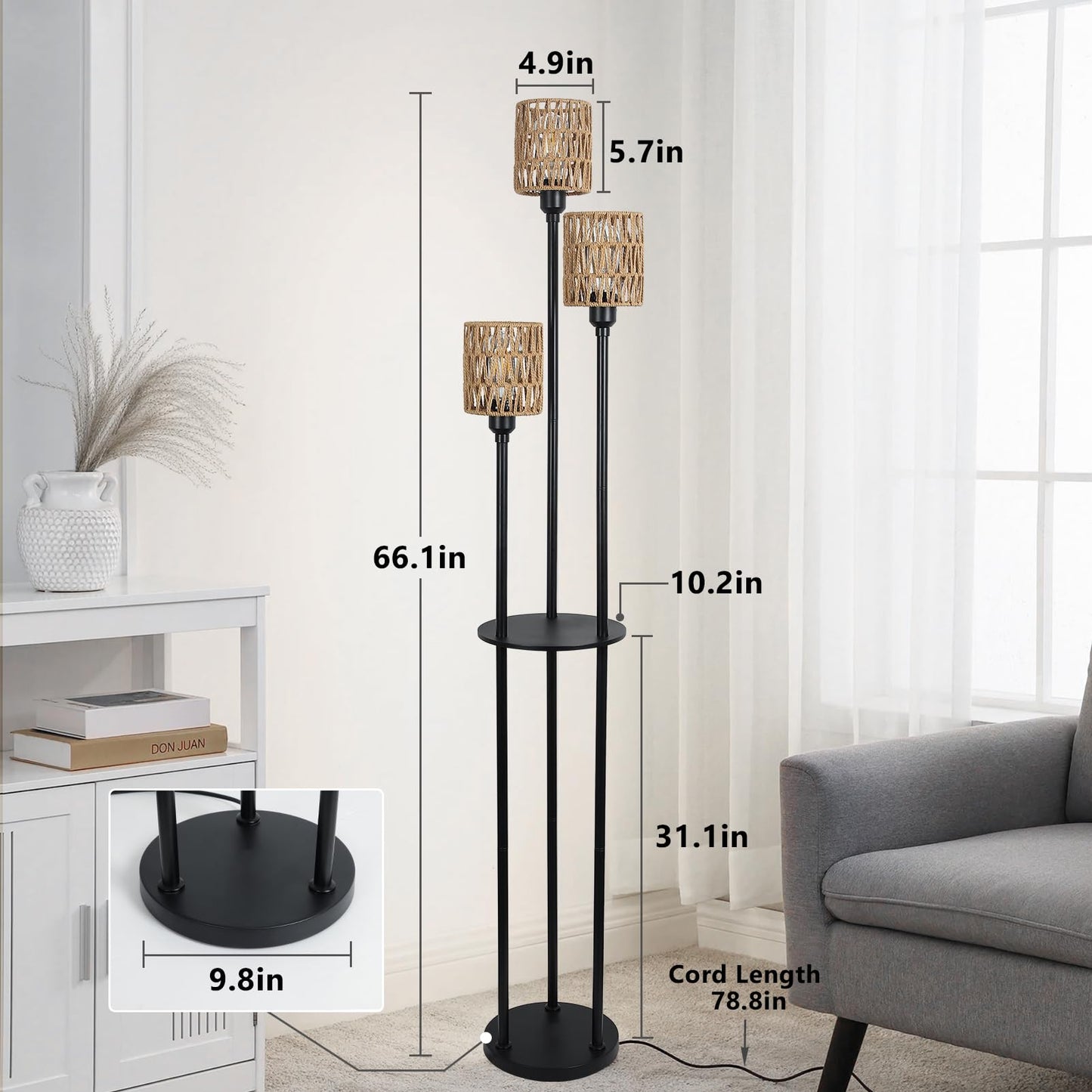 Stepeak Floor Lamp with Shelves, Modern Floor Lamps for Living Room, 3-Lights Standing Lamp with Linen Shade and Foot Switch, Industrial Standing Lamps for Bedroom, Black Tall Table Lamp for Office