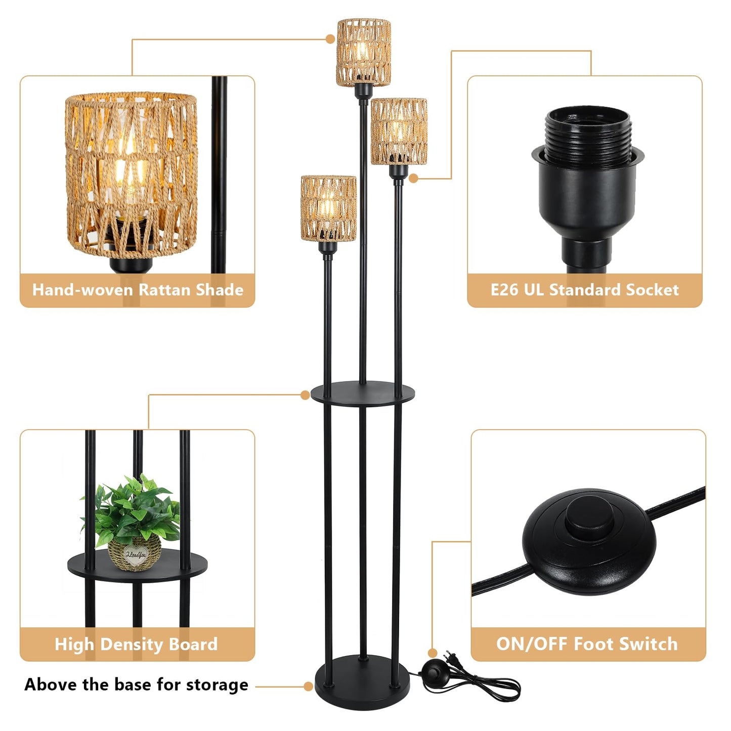 Stepeak Floor Lamp with Shelves, Modern Floor Lamps for Living Room, 3-Lights Standing Lamp with Linen Shade and Foot Switch, Industrial Standing Lamps for Bedroom, Black Tall Table Lamp for Office