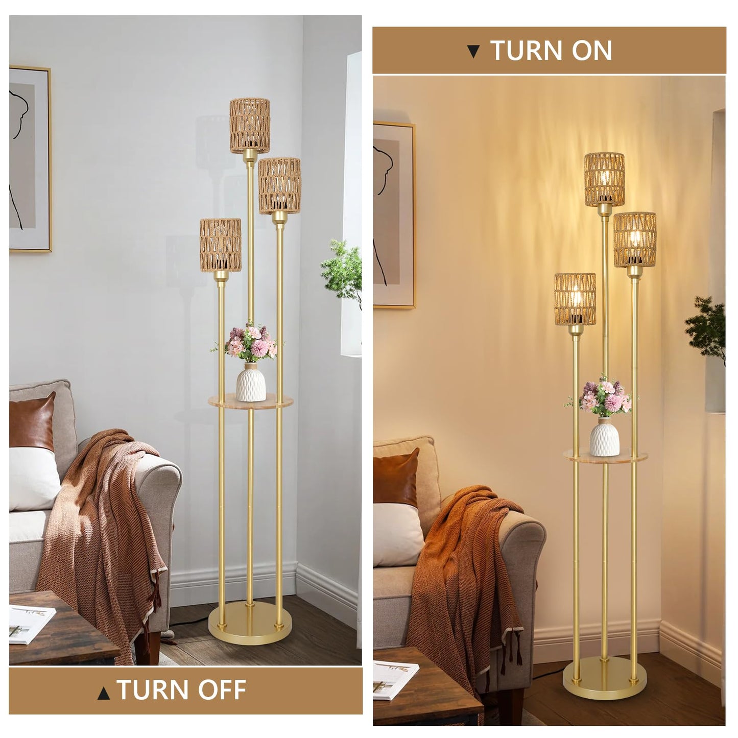 Stepeak Floor Lamp with Shelves, Modern Floor Lamps for Living Room, 3-Lights Standing Lamp with Linen Shade and Foot Switch, Industrial Standing Lamps for Bedroom, Black Tall Table Lamp for Office