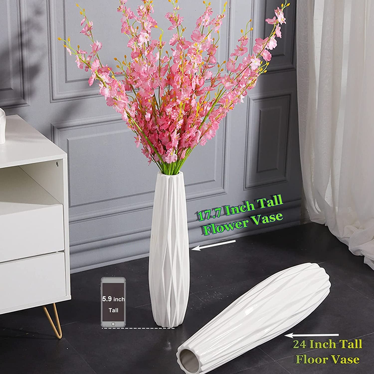 White Ceramic Vase 17.7" Tall Table Floor Vase Decorative Flower Vase for Table Centerpieces Shelf Home Decor Dried Flower Arrangement for Wedding House Warming Office Porch