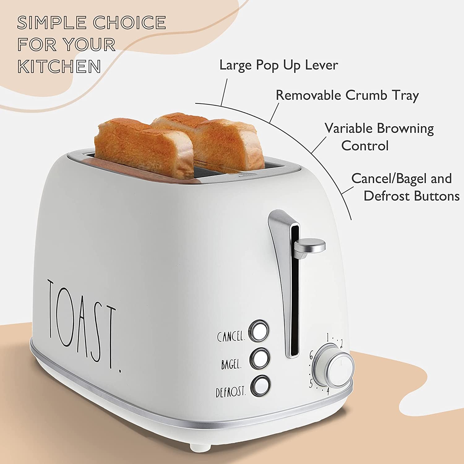 Retro Rounded Bread Toaster, 2 Slice Stainless Steel Toaster with Removable Crumb Tray, Wide Slot with 6 Browning Levels, Bagel, Defrost and Cancel Options (Cream)