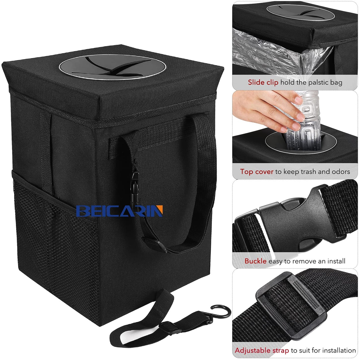 Car Trash Can with Lid - Bag Hanging Storage Pockets Leak-Proof Organizer Collapsible and Portable Waterproof Garbage Bin, 2.6 Gal Large Capacity Multipurpose Bin for