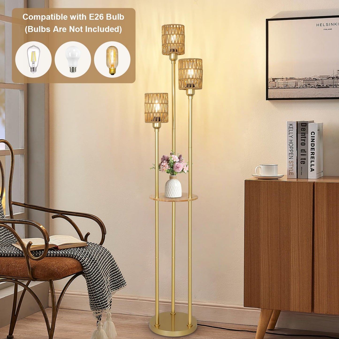 Stepeak Floor Lamp with Shelves, Modern Floor Lamps for Living Room, 3-Lights Standing Lamp with Linen Shade and Foot Switch, Industrial Standing Lamps for Bedroom, Black Tall Table Lamp for Office