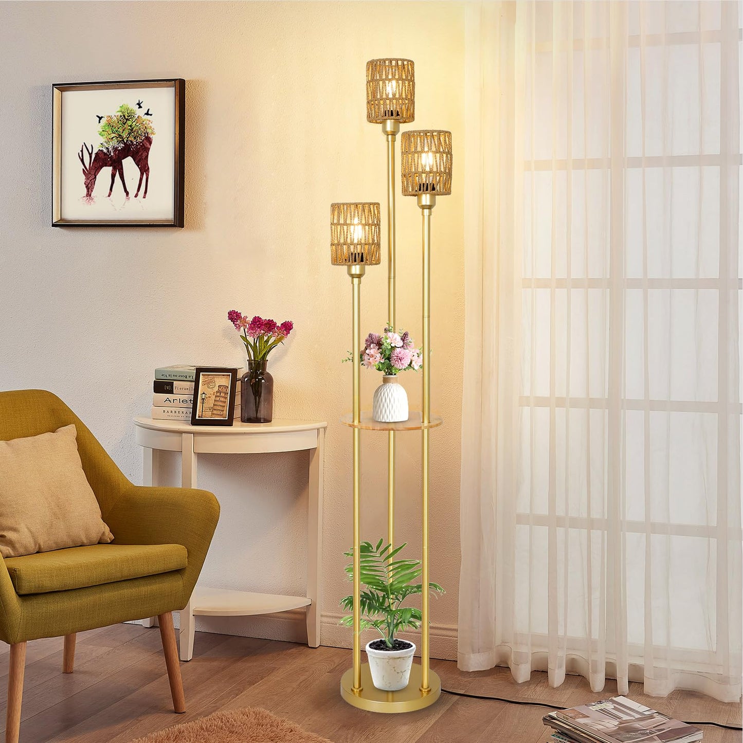 Stepeak Floor Lamp with Shelves, Modern Floor Lamps for Living Room, 3-Lights Standing Lamp with Linen Shade and Foot Switch, Industrial Standing Lamps for Bedroom, Black Tall Table Lamp for Office