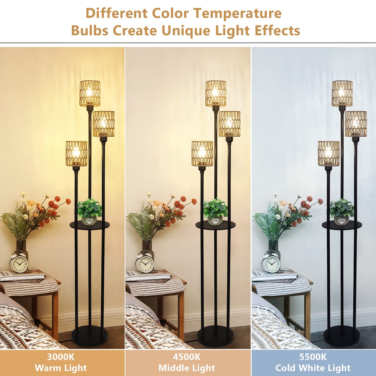 Stepeak Floor Lamp with Shelves, Modern Floor Lamps for Living Room, 3-Lights Standing Lamp with Linen Shade and Foot Switch, Industrial Standing Lamps for Bedroom, Black Tall Table Lamp for Office