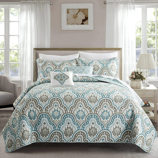 Tivoli Ikat Queen Size 90" X 90" 5 Piece Teal Aqua Printed Prewashed Quilted Coverlet Bedspread Bed Cover Set for All Season, Lightweight Quilt Blanket with Matching Shams Pillows