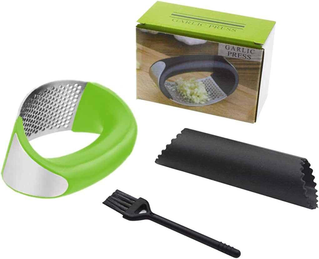 Garlic Press, Garlic Press Stainless Steel, Garlic Press Rocker Garlic Peeler Set Cleaning Brush Kitchen Garlic Chopper Press Rocker Easy Operate and Clean Kitchen Tools (Green)