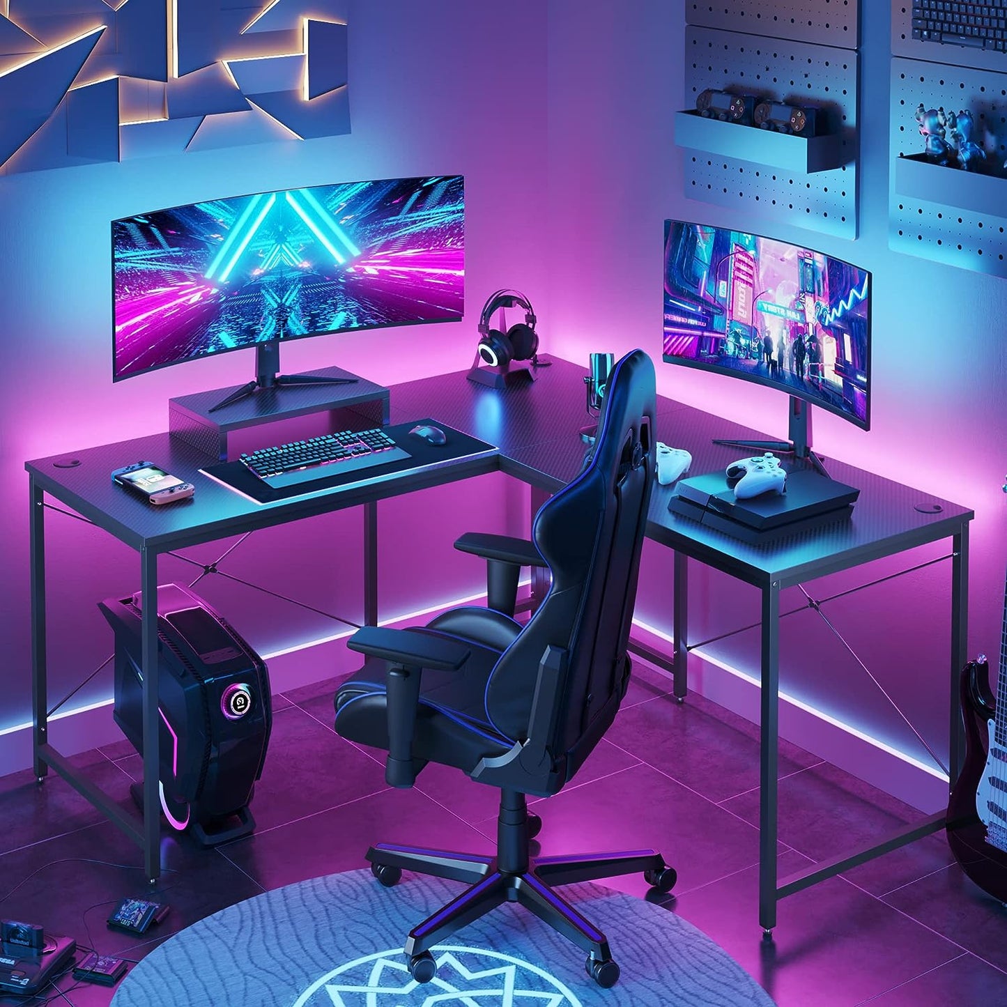 Bestier L Shaped Computer Desk Long Gaming Desk Reversible Corner Desk for Home Office with Power Outlet Monitor Stand 2 Cable Holes USB Socket 95.2 Inch Gaming L Desk, Carbon Fiber Black
