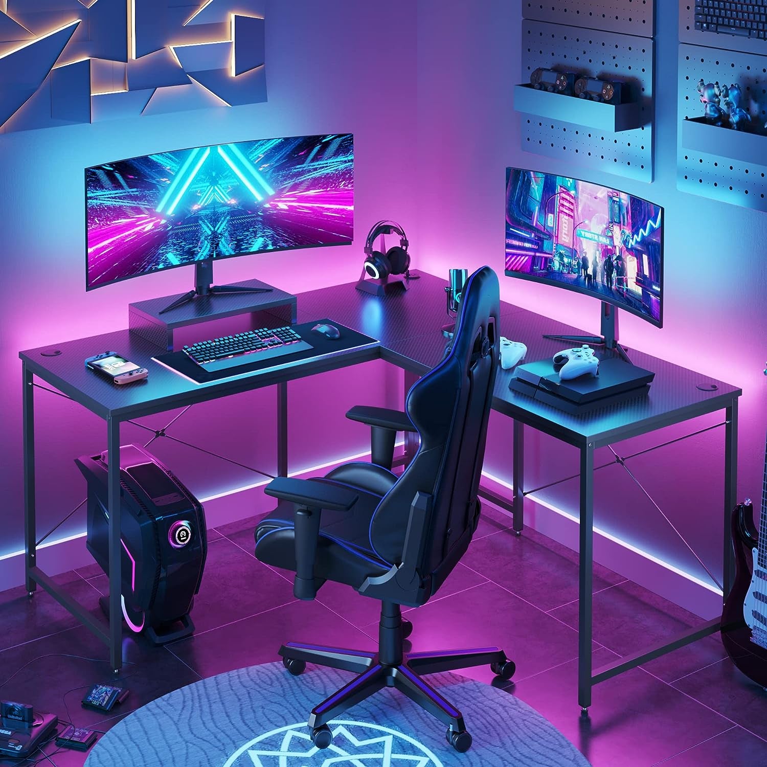 Bestier L Shaped Computer Desk Long Gaming Desk Reversible Corner Desk for Home Office with Power Outlet Monitor Stand 2 Cable Holes USB Socket 95.2 Inch Gaming L Desk, Carbon Fiber Black