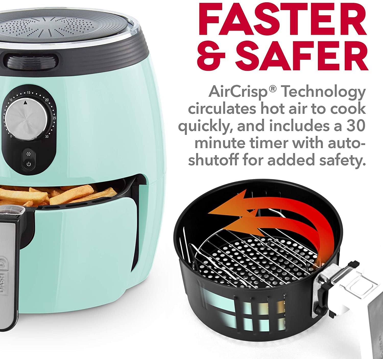Deluxe Electric Air Fryer + Oven Cooker with Temperature Control, Non-Stick Fry Basket, Recipe Guide + Auto Shut off Feature, 1200-Watt, 3 Quart - Aqua