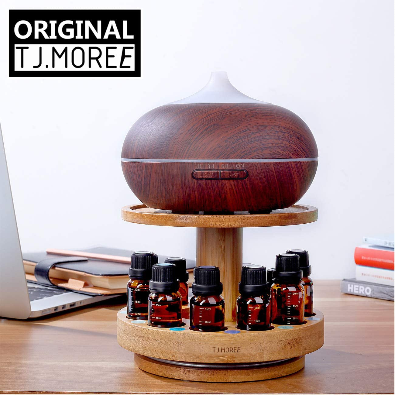 Bamboo Diffuser Holder Carousel- 2 Tier Height Increase Rack with Upper Tray for Holding Diffuser, for 5Ml, 10Ml, 15Ml, 20Ml Essential Oils Bottles