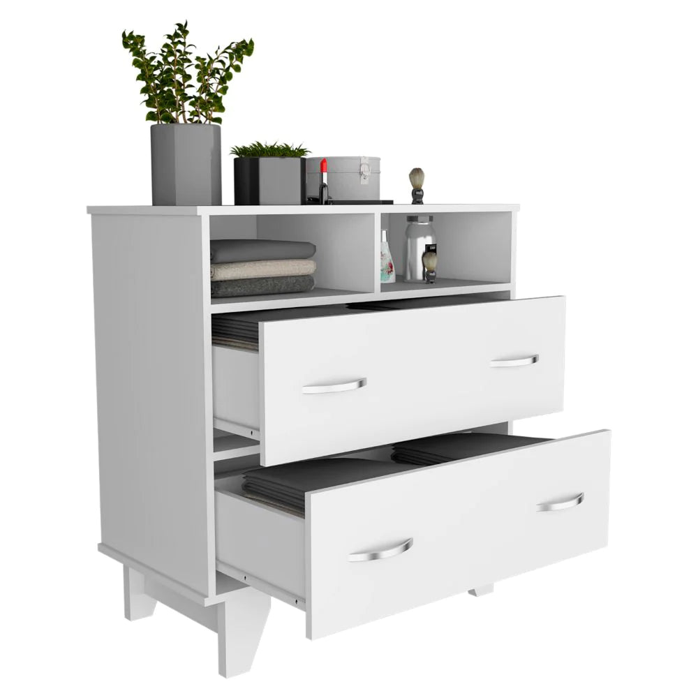 Double Drawer Dresser Arabi, Two Shelves, White Finish