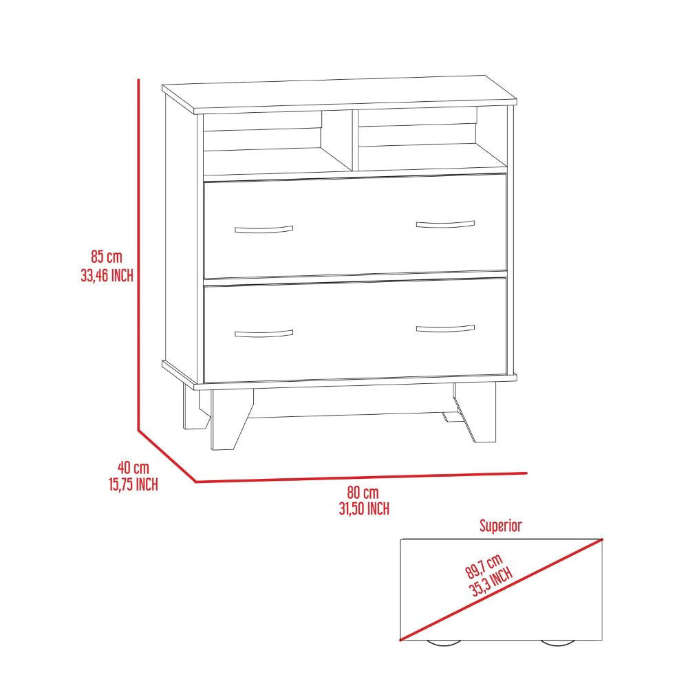 Double Drawer Dresser Arabi, Two Shelves, White Finish