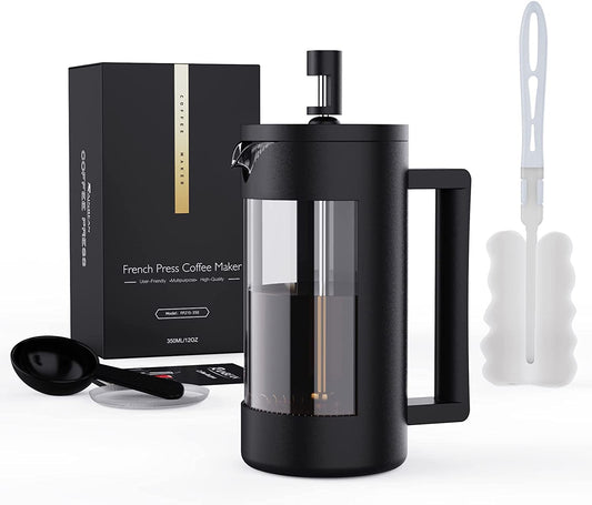 French Press Coffee Maker 12 Oz, Camping French Coffee Press Glass, Heat Resistant Thickened Glass Coffee Press, 100% BPA Free Prensa Francesa, Rust-Free and Dishwasher Safe (12 Oz)