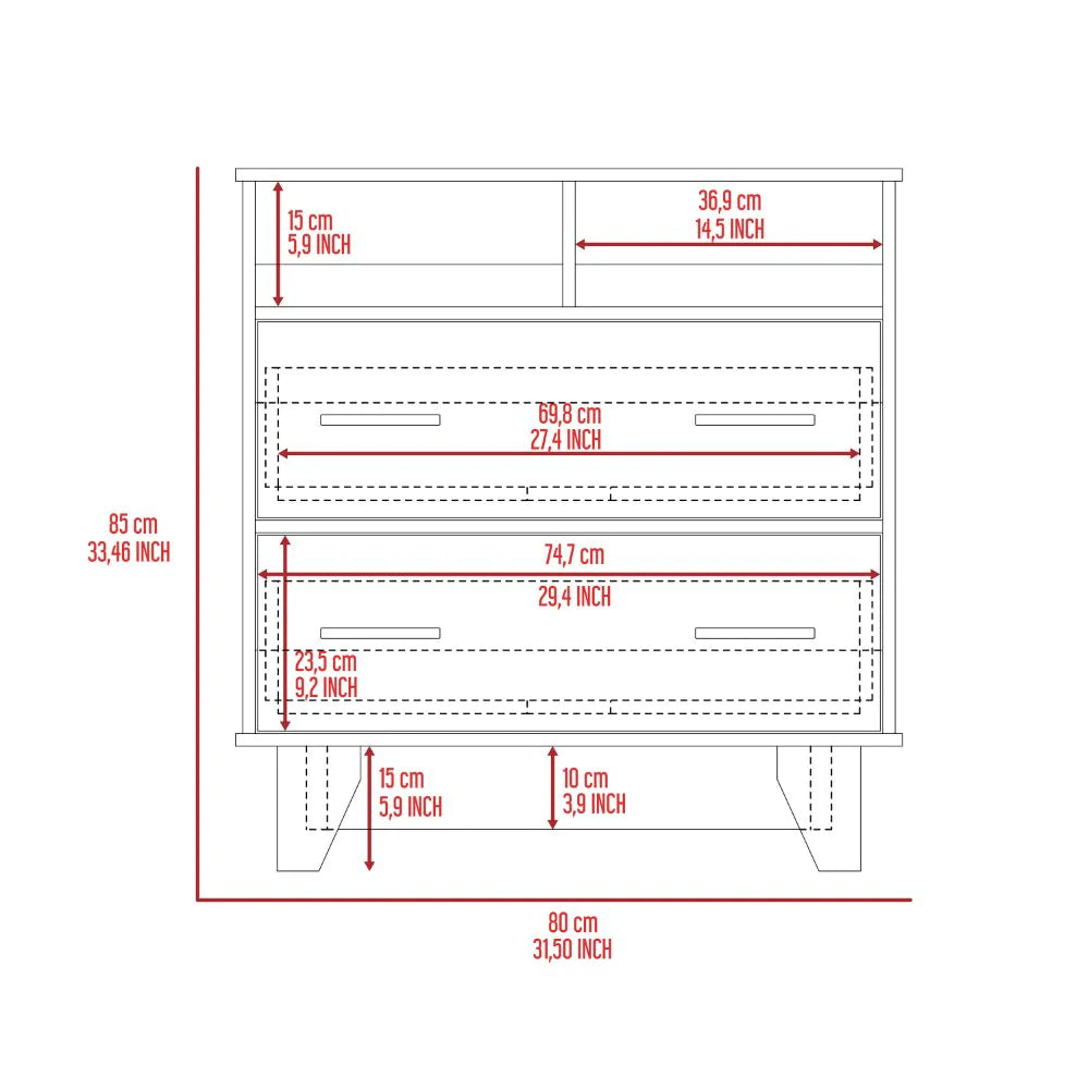 Double Drawer Dresser Arabi, Two Shelves, White Finish