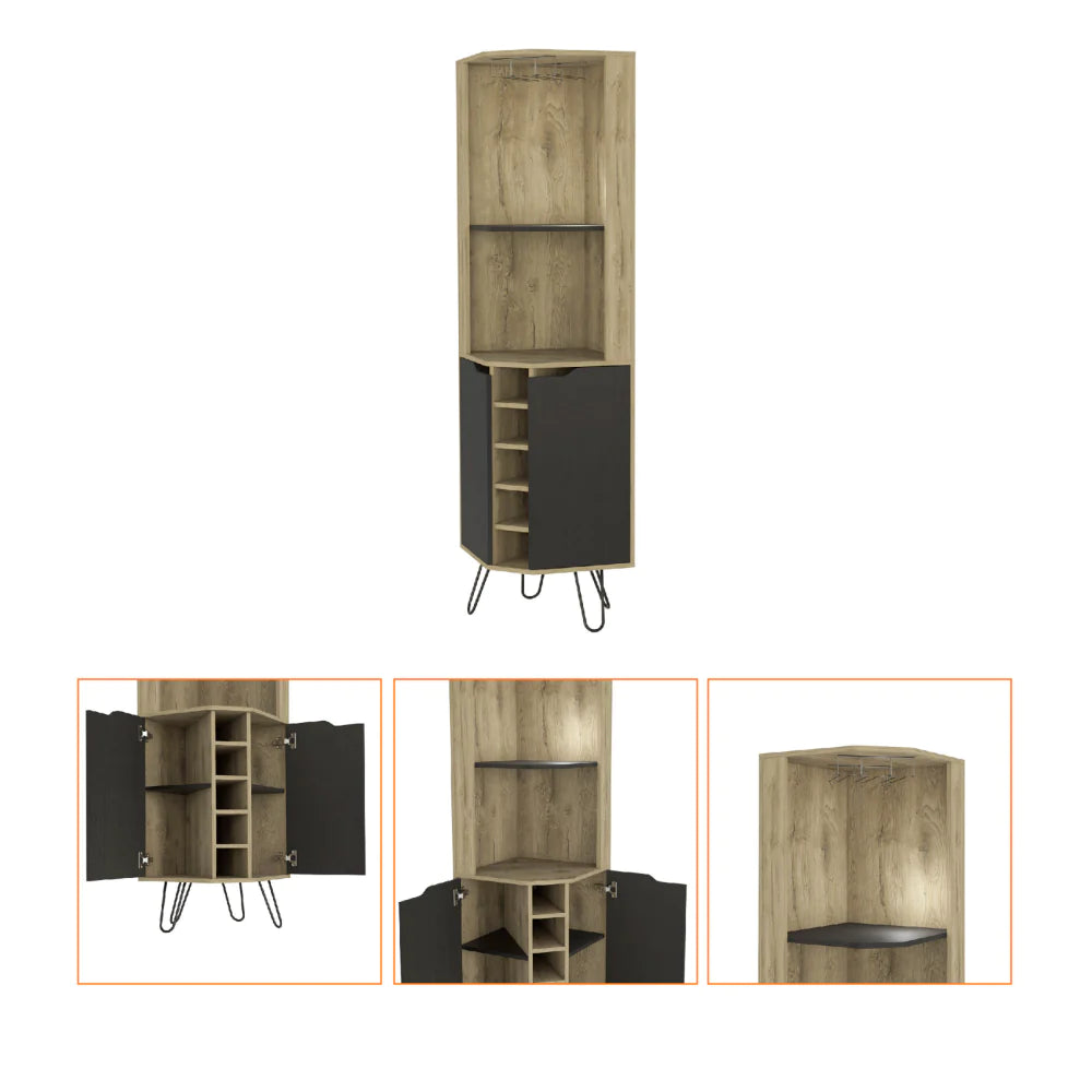 Corner Bar Cabinet Leverkusen, Six Wine Cubbies, Aged Oak / Black Wengue Finish