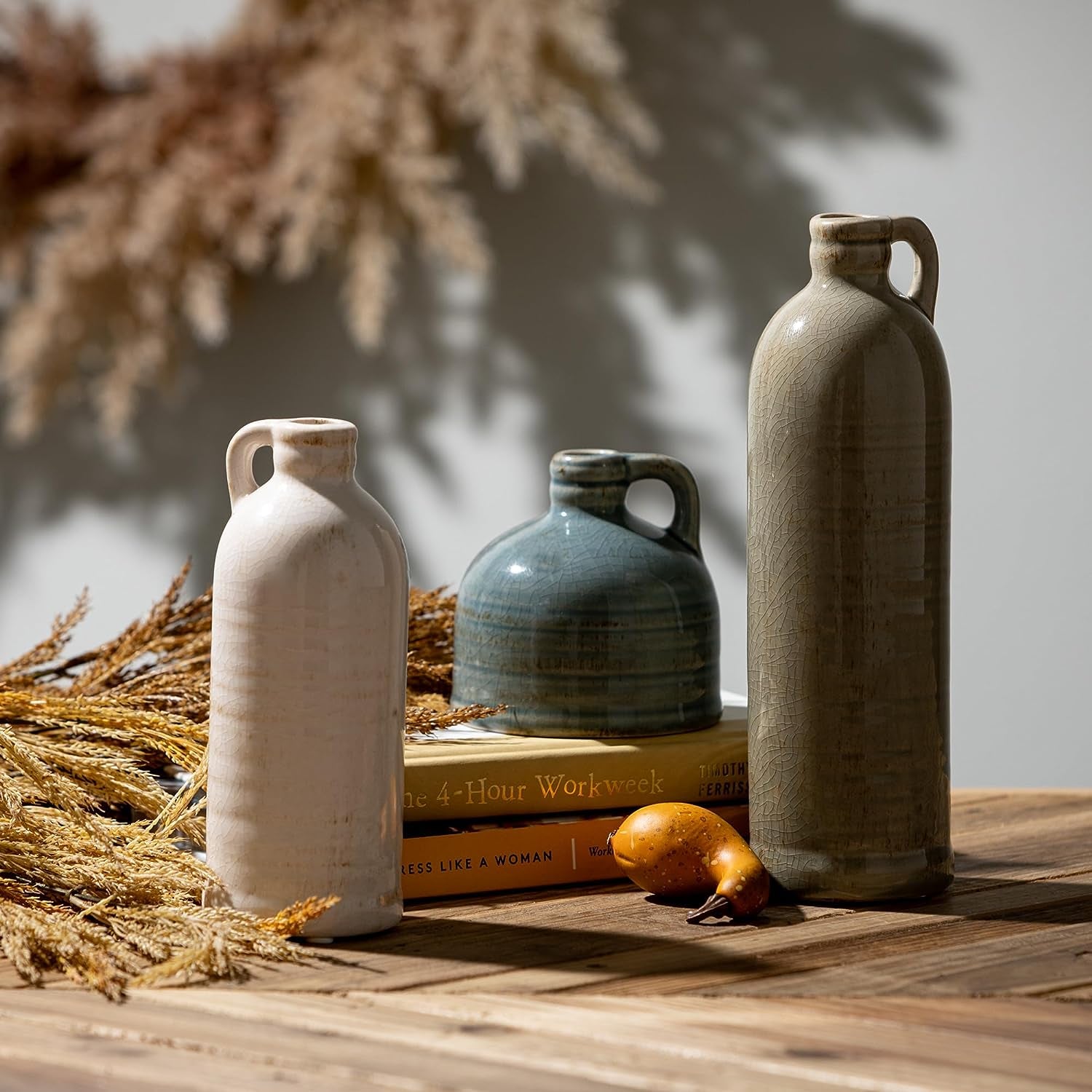 Ceramic Jug Vase Set, Farmhouse Decor, Kitchen, Bedroom, Office, Living Room, Bathroom, & Coffee Table Centerpiece Decorations, Vases for Decor, Mantle & Shelf Decor (CM2431)